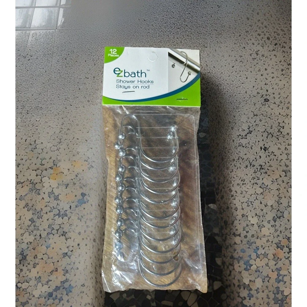 E.Z. Bath 12pc Shower Hooks Silver Stainless Steel Stays On Rod New Double Hooks